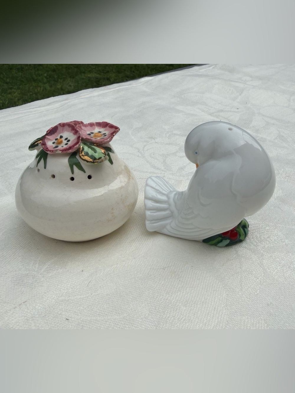 Vintage Avon White Porcelain Dove & Ceramic Floral Salt Shaker Set Cottagecore